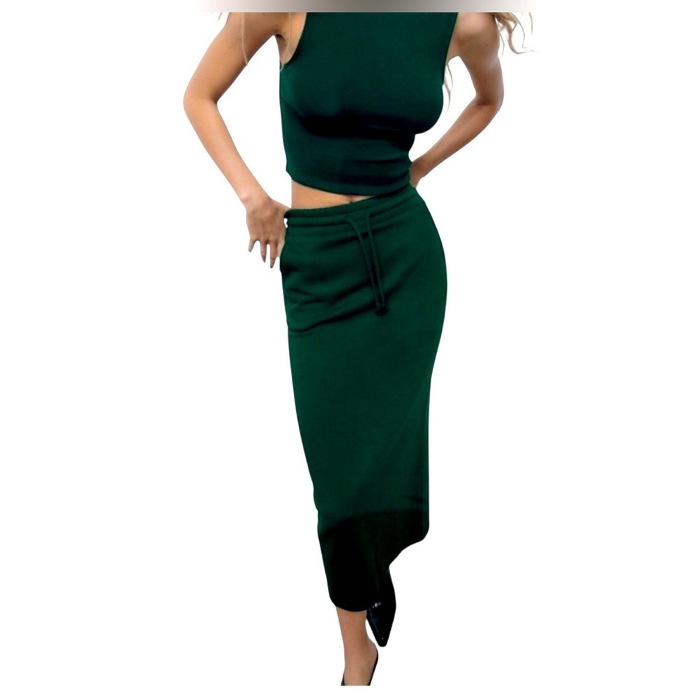 Nwot Zara dark Green Midi Pencil Skirt back slit casual elastic waist medium